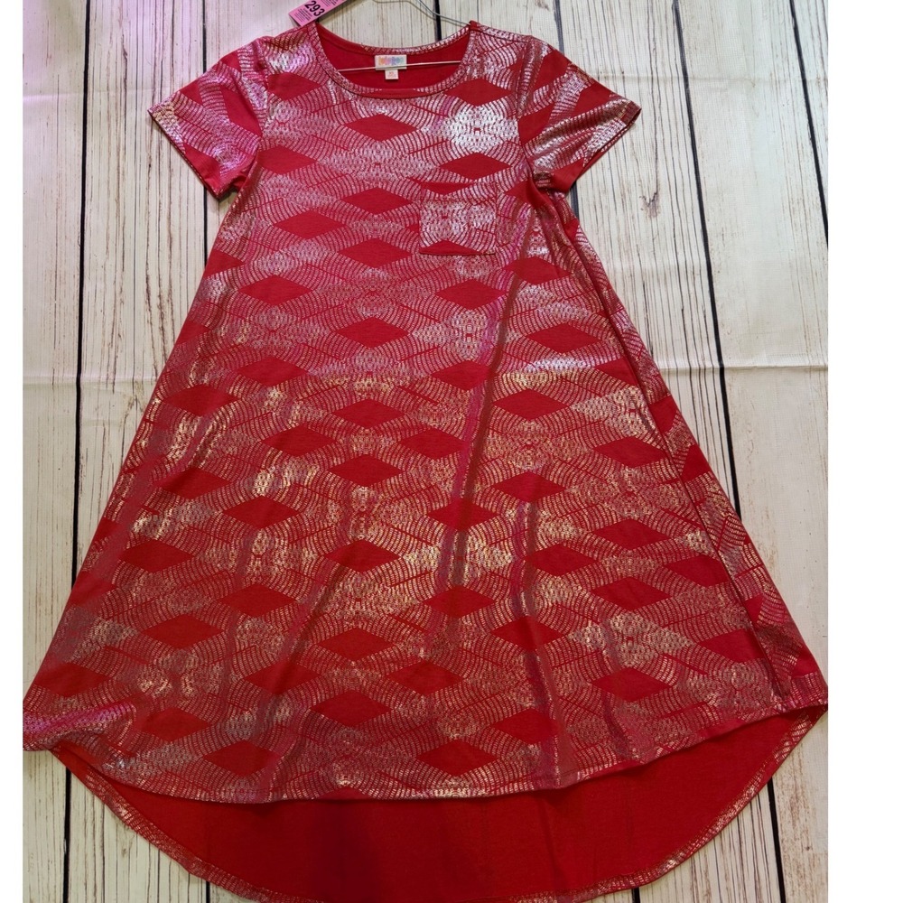 LuLaRoe Carly Dress Womens XS Red Silver Metallic Foil Geometric High Low Swing